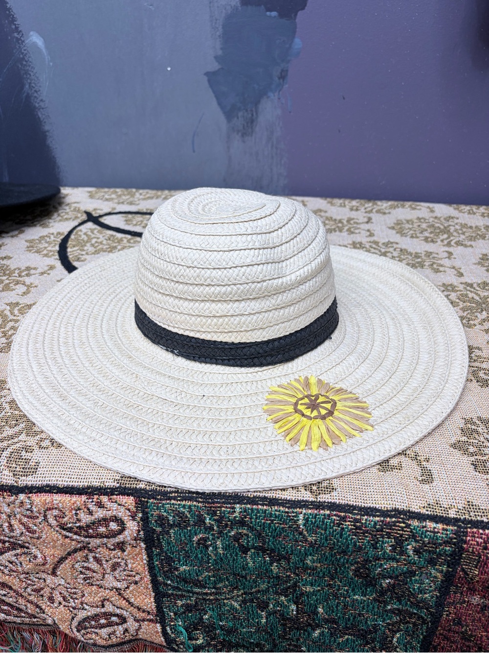 Women’s Wide Brim Straw Sun Hat Sunflower Black Band Cottagecore